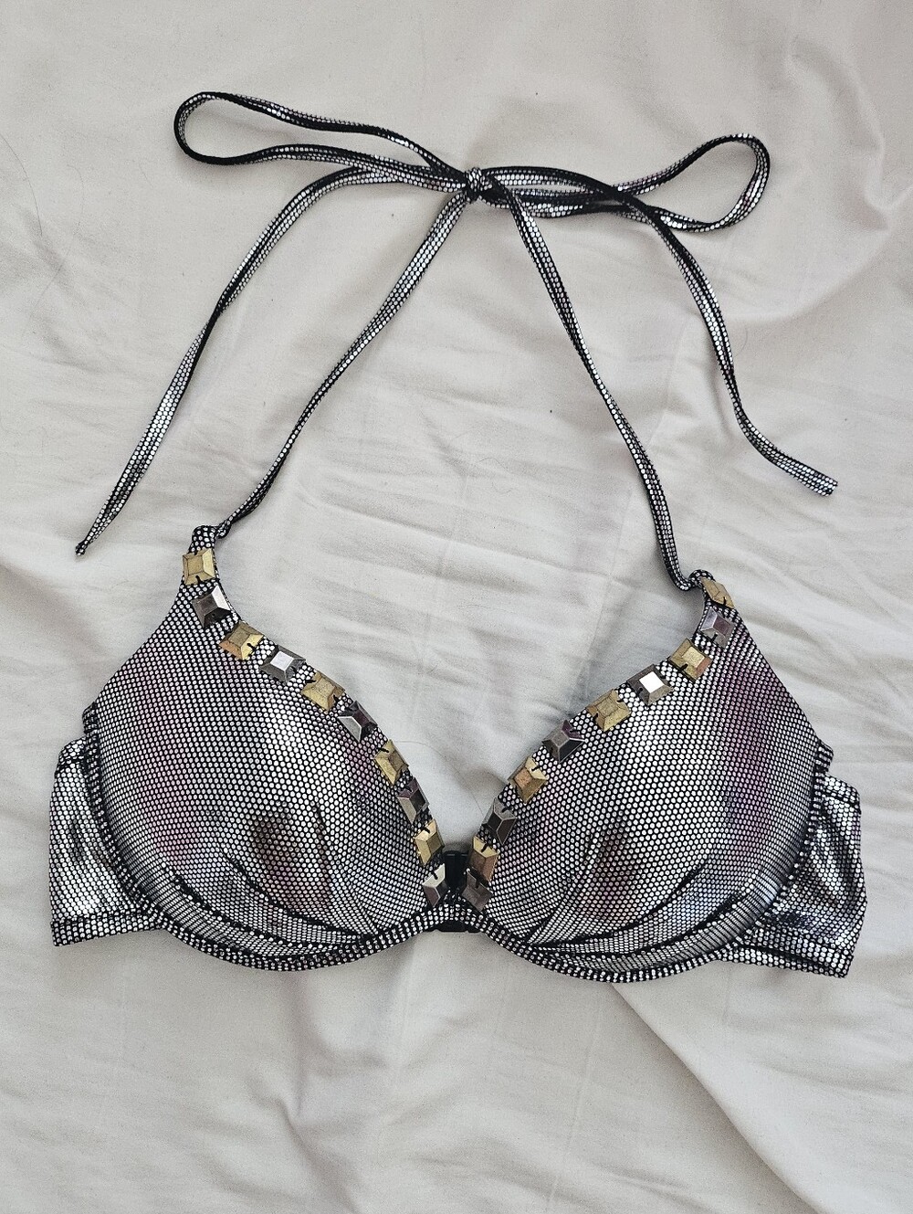 D.i.a Gyaru Japan Silver Metallic Studded Halter Mise Bra Top